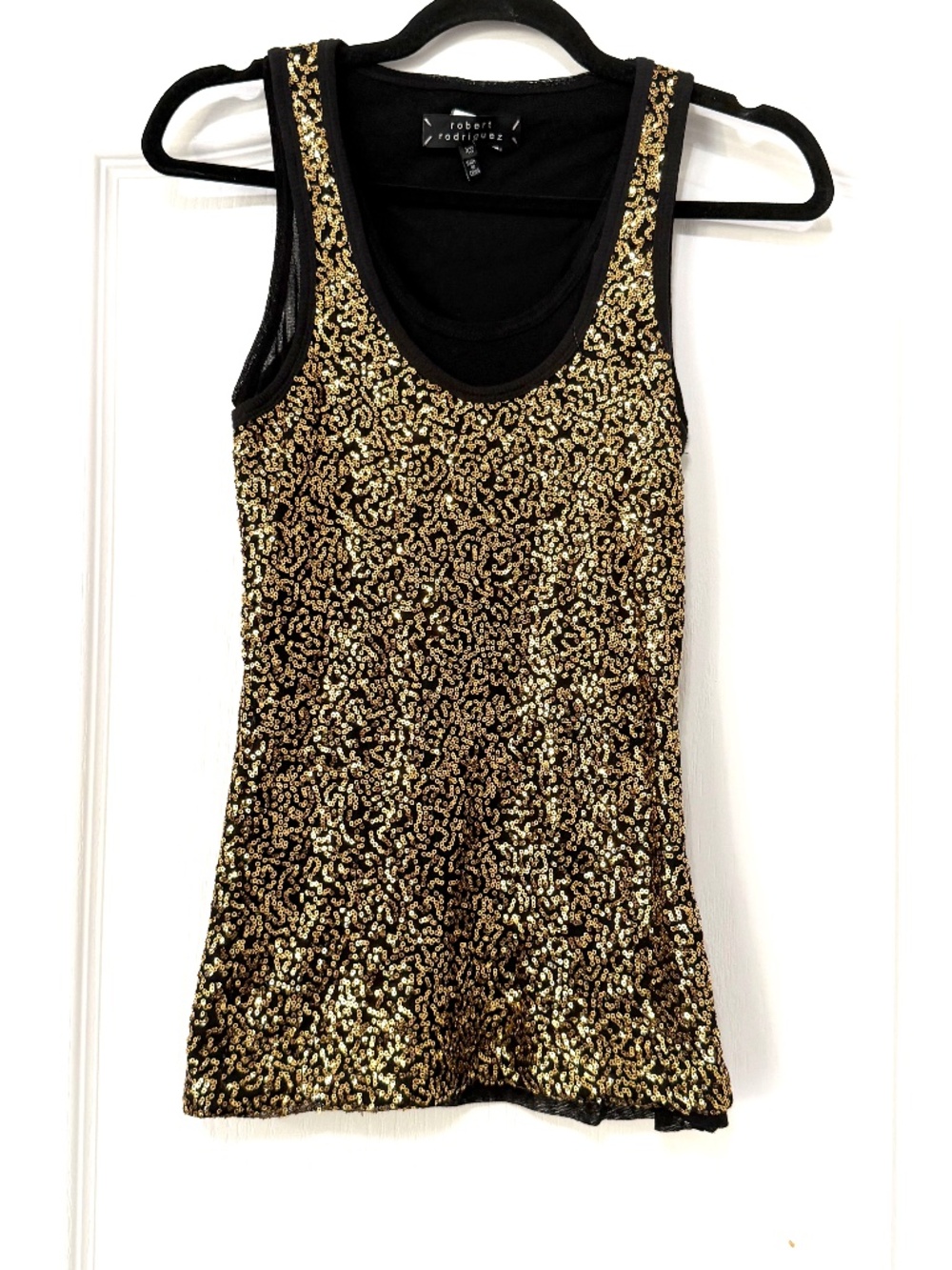 Robert Rodriguez Black Gold Sequin Tank Top Layered Mesh XS Holiday Party